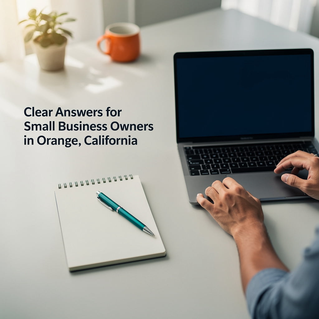 Growth notebook and laptop on a desk, representing website planning answers for small business owners in Orange, CA